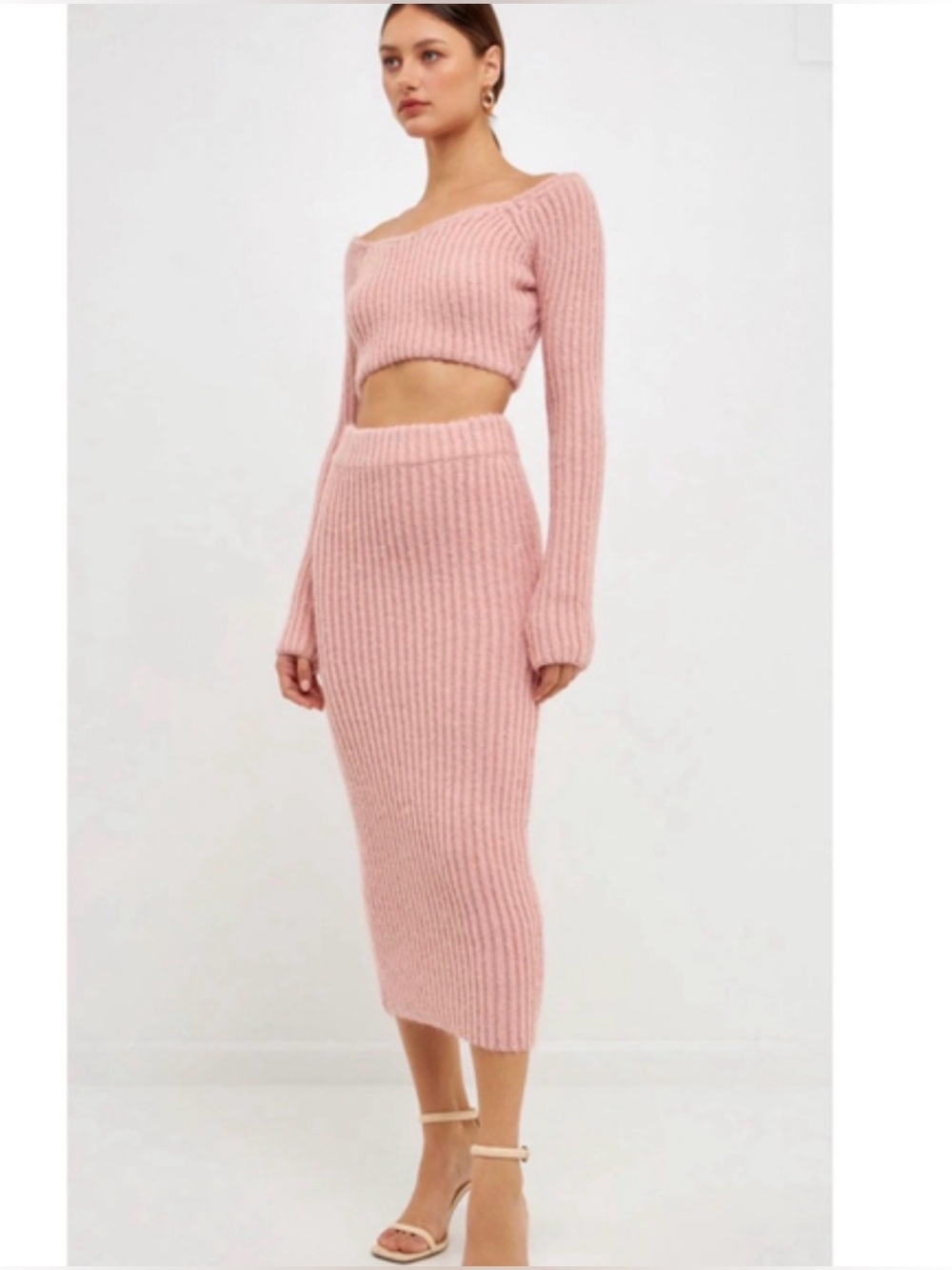Endless Rose Light Pink Ribbed Knit Crop Sweater and Midi Skirt Set Size Small